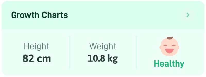 The growth chart summary in the NowServing Baby Book: height 82 centimeters, weight 10.8 kilograms, labelled Healthy.