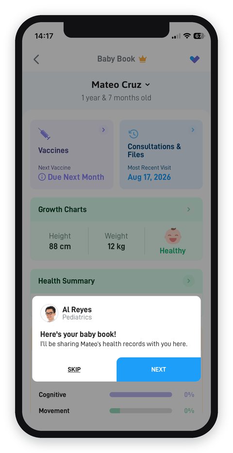 The introduction card a parent sees when their pediatrician links the Baby Book: the doctor's name and photo with the message that the child's health records will be shared here.