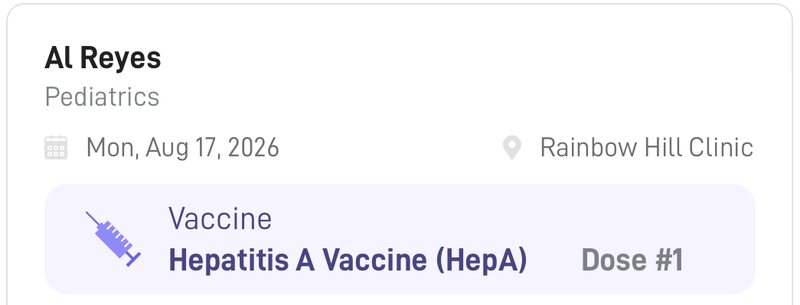 A past consultation in the NowServing Baby Book showing the pediatrician's name and the HepA vaccine dose recorded during the visit.