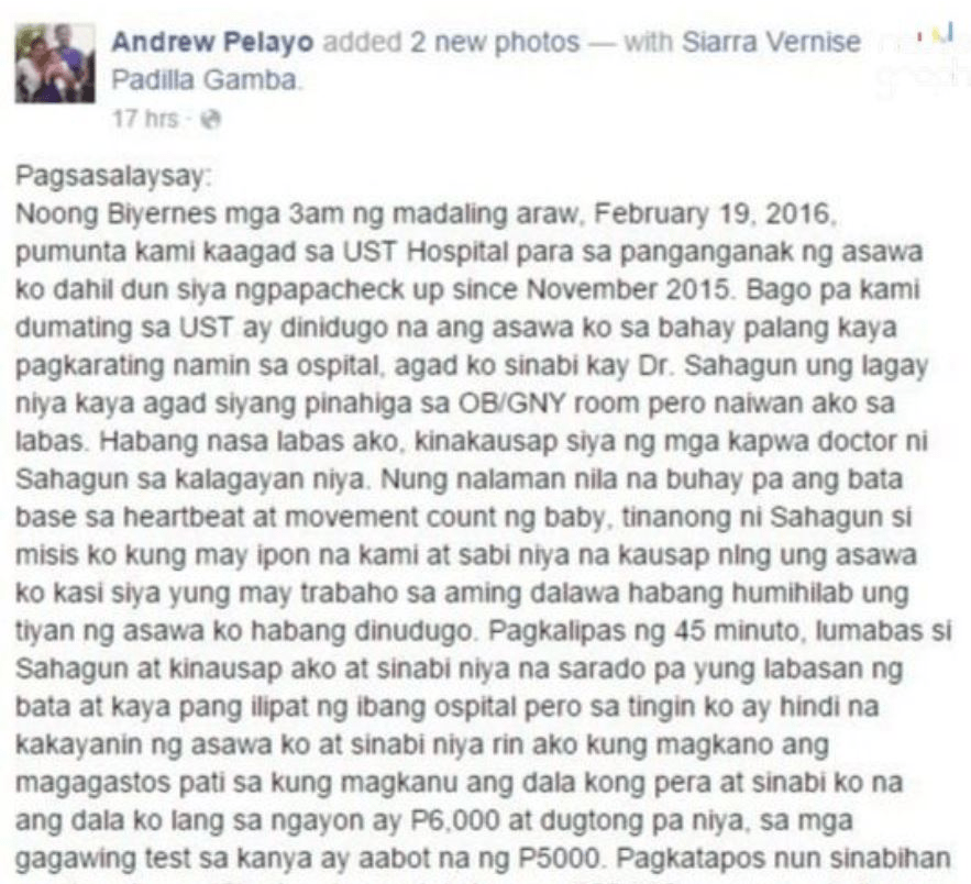 Andrew Pelayo Facebook post