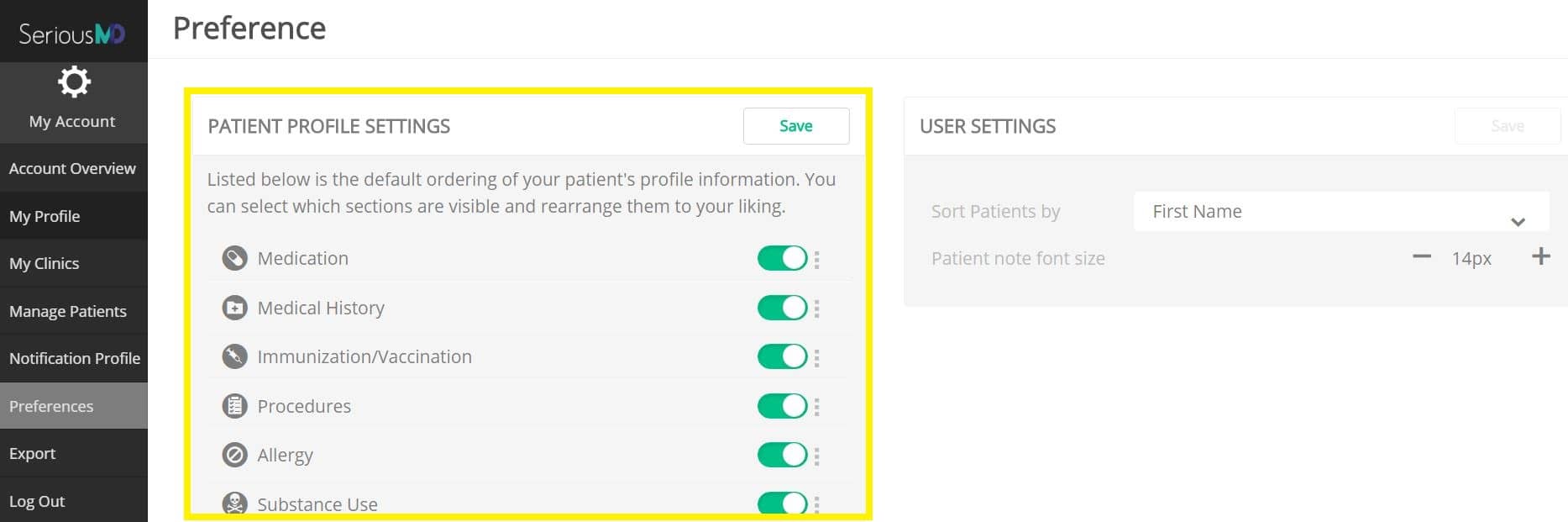 SeriousMD Preferences patient profile settings